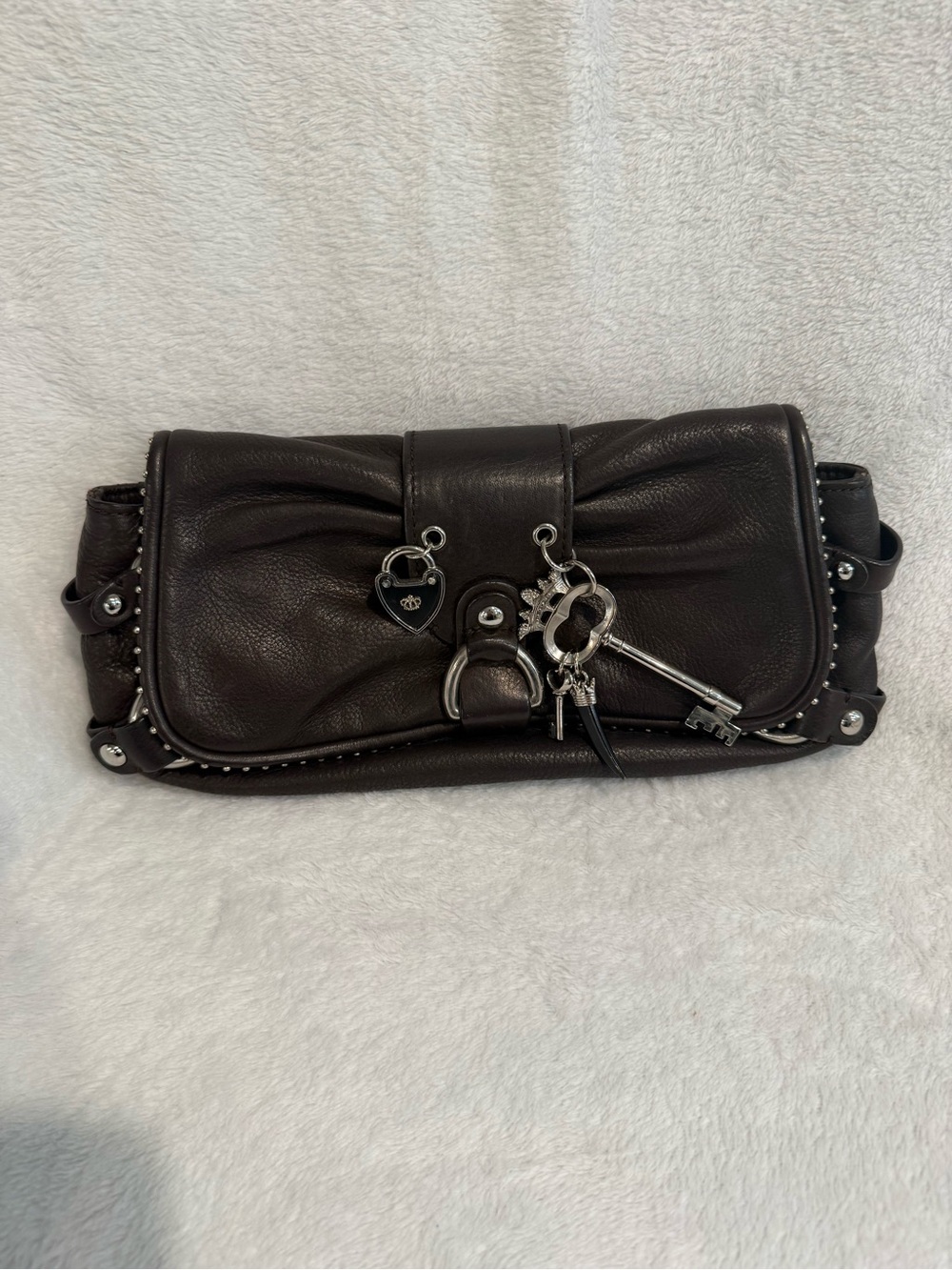 Vintage juicy couture chocolate brown fold over clutch skeleton key charm.